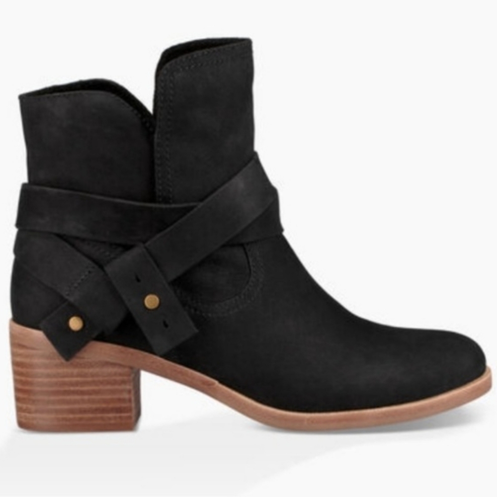 NEW UGG Elora Black Suede Nubuk Leather Ankle Boots Strappy Block Heel Boho West